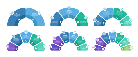 Semicircle diagram infographic template. Round business chart 2 -7 steps, process options, step by step project workflow. Circle vector infographic for planning presentation.