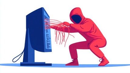 Cartoon Thief Pulling Strings of Code Like Spaghetti from a Desktop Computer Monitor