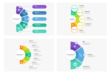 Semicircle pie chart infographic template. Business infographics with process stages. Half-circle fan diagram, progress workflow, circular segmented timeline. Vector set.