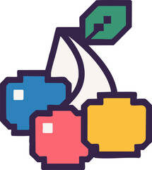 Obraz premium Colorful Flat Vector Illustration of Three Geometric Fruits with a Leaf and a Sail Shape, Featuring Blue, Red, and Yellow Fruits in a Modern Minimalist Style