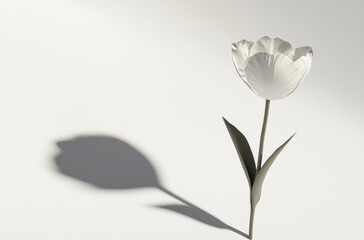 3D render of a single tulip with stem and shadow, white