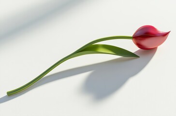 3D render of a single tulip with stem and shadow, white