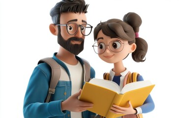 3D student and teacher looking at book together, positive mood,