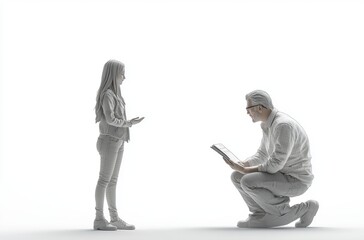 3D student asking question, teacher leaning to explain,