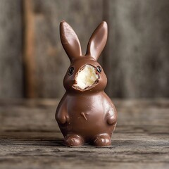 Chocolate Bunny with a Bite Taken Out of Its Ear – Traditional Easter Treat Placed on a White Background, Symbolizing Spring Celebration and Holiday Sweetness