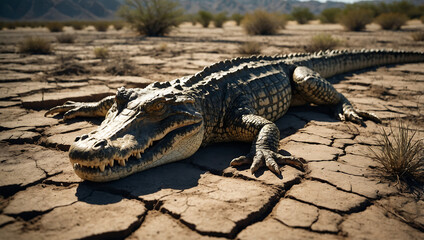 Crocodile Resting on Cracked Earth
