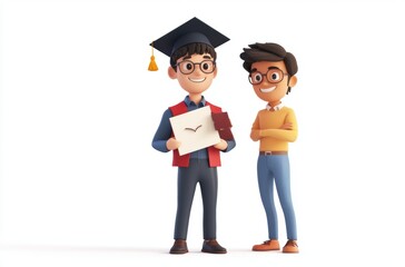 3D student holding diploma, teacher standing proudly