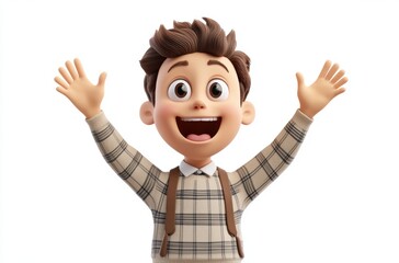 3D student raising both hands excitedly, teacher cheering,