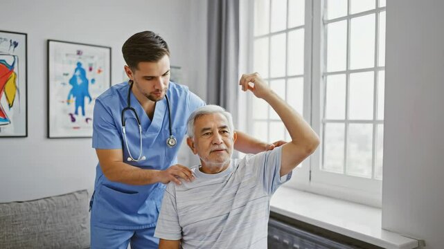 A young male physiotherapist supports an elderly patient with arm mobility exercises in a bright rehab room, capturing physical rehabilitation, patience and care for aging bodies in modern clinics