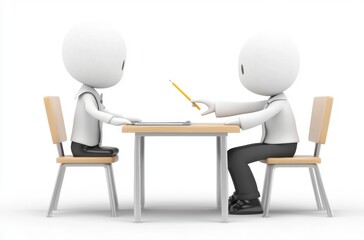 3D student sitting at desk, teacher handing over pencil, white