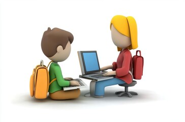 3D student typing on laptop, teacher giving guidance,