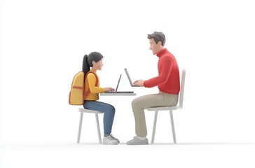 3D student typing on laptop, teacher giving guidance,