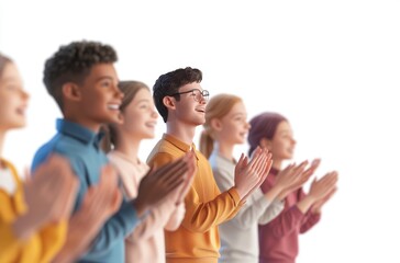 3D students clapping while teacher speaks,