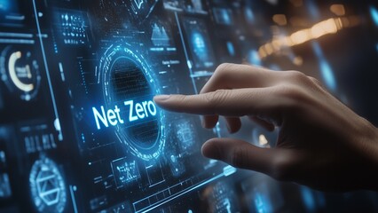 Hand push a  Net Zero botton for green technology operation  