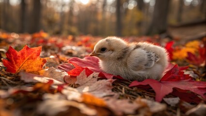 A fluffy chick rests amidst vibrant autumn leaves, bathed in the warm glow of the setting sun. Natures gentle beauty unfolds in this serene scene.