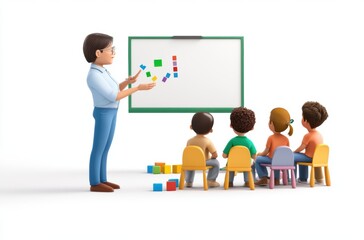 3D teacher holding chart, explaining to seated students,