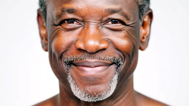stomatology, dental care, hygiene, skincare. man's headshot, orthodontic advertisement. closeup portrait of smiling senior african american male with shiny skin and bleached teeth on white background.