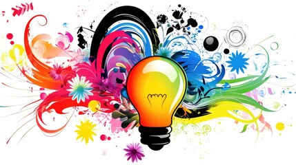 Colorful lightbulb design with floral and abstract elements.