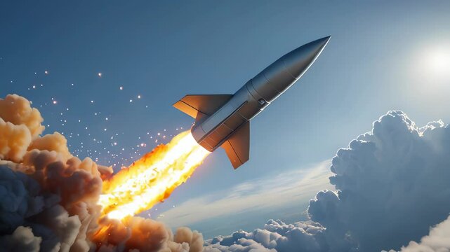 A silver rocket streaks upwards, its powerful engines leaving trails of fire and smoke behind.