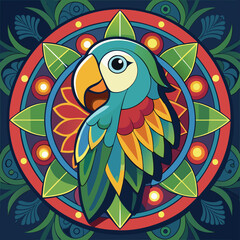 Colorful Parrot Illustration with Floral Mandala Background in Flat Vector Design