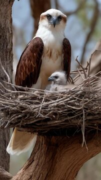 Eagle mother and her cute eaglet in a nest made of dry twigs on a tree in a blurry background