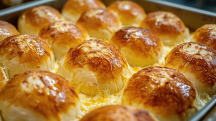 Gooey mozzarella-filled bread rolls lined in a tray with melted cheese oozing at the seams