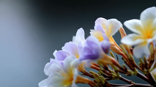 Close-up shot of pastel-colored Plumeria and Iochroma flowers with water droplets on a branch against a soft gradient background.