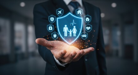 Family Insurance and Protection Concept: Businessman Holding Glowing Digital Shield with Comprehensive Coverage Icons