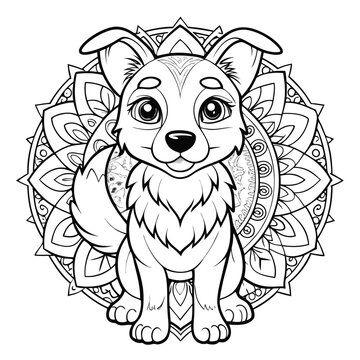 Cute Puppy Coloring Page with Mandala Background for Relaxation and Creativity