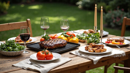 Elegante mesa de madera rústica preparada para un almuerzo al aire libre, ideal para publicidad de alimentos y estilo de vida.