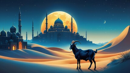 Eid al-Adha: Bakra Eid Painting with Festive Decorations, cow, lamb, cattle, camel, sheep.