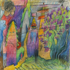 Abstract expressionist illustration with lilac bush and herbs drawn in colored pencils. Botanical shapes and wild nature elements merged in vivid artistic composition.