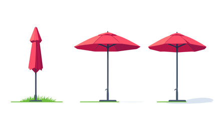 Obraz premium Three Pixelated Red Umbrellas in Open and Closed States Standing on Green Patches on White Background