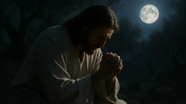 Jesus praying in Gethsemane, white robe, moonlit shadows, emotional closeup in stillness