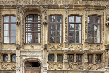 Richly decorated facade of the Ancien Bureau des Finances at the Cathedral Place in Rouen facing the cathedral