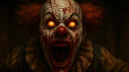 Bloody clown jumps screaming, glowing eyes, horror closeup jumpscare with intense fear vibe
