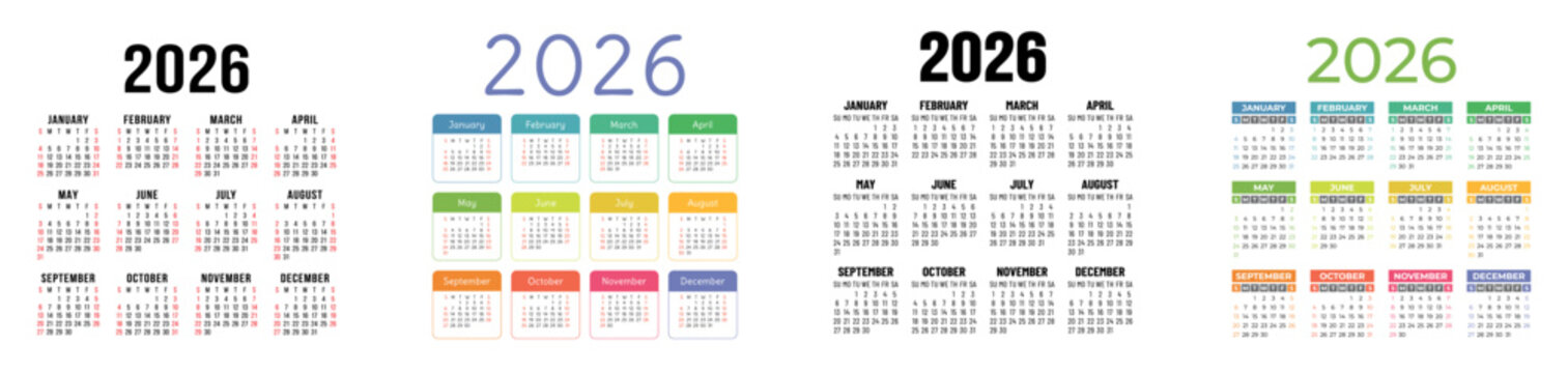 English calendar 2026 year collection. Square vector pocket or wall calender design template set. Week starts on Sunday