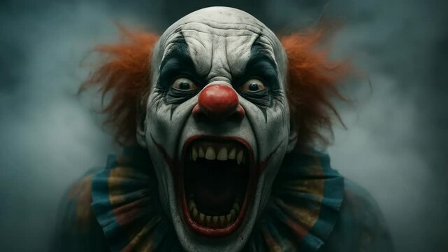 Clown charges screaming, wide mouth, bared teeth, horror fog closeup, terrifying jump moment