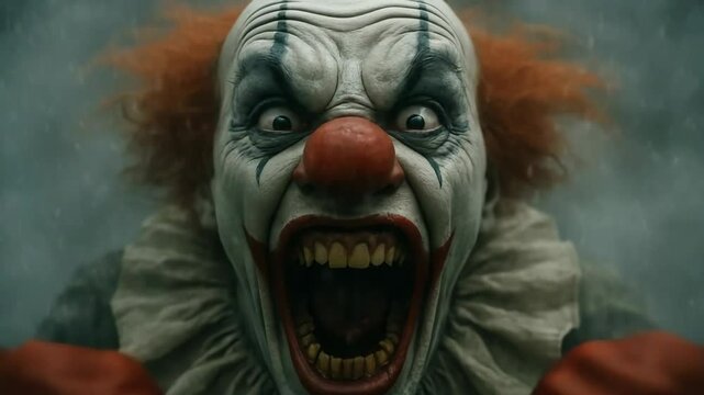 Silent clown turns screaming, shrieking into camera, demonic closeup jumpscare with shake