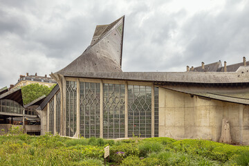 Side view of the Church of St Joan of Arc at the ancient market square. The plaque commemorates Joan of Arc who was put on the stake