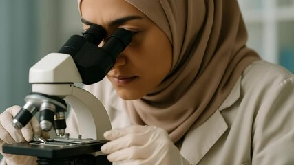 Muslim woman scientist using microscope, hijab and focus, lab closeup of sample slide analysis