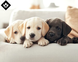 Three Labrador Puppies Cuddling on Sofa.