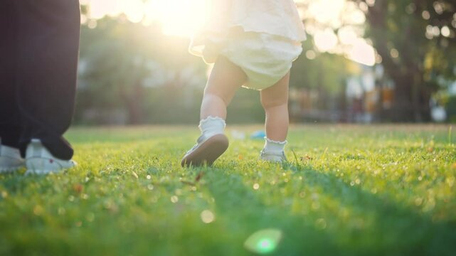 Close-up of baby wearing shoes taking first steps on green grass in park with soft morning sunlight &ndash; toddler walking with mother, childhood milestone and outdoor lifestyle concept