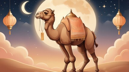 Eid al-Adha: Bakra Eid Painting with Festive Decorations, cow, lamb, cattle, camel, sheep.