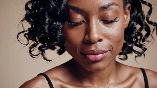 Close-up video portrait of a woman with curly hair, capturing a natural and confident expression. Shot from a straight-on camera angle.