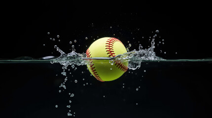Baseball ball flying in water drops and splashes isolated on black background