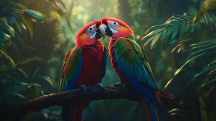 Colorful macaw parrot couple sitting close together on a tree branch in tropical jungle setting with vibrant feathers and lush green background, symbolizing exotic wildlife and bird companionship in n