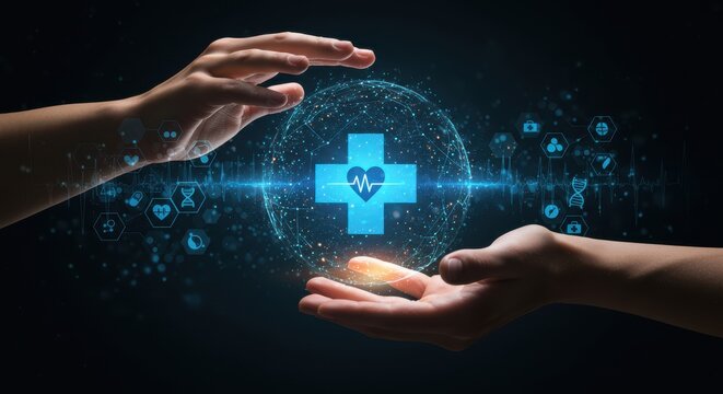 Hands Protecting a Digital Blue Medical Cross and Global Healthcare Network Sphere - Powered by Adobe