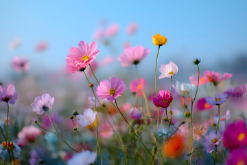 Fototapeta premium Field of colorful cosmos flowers blooming under a clear blue sky in bright sunlight.