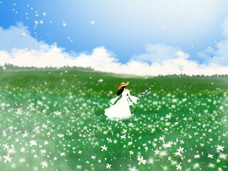 A black-haired girl wearing a hat and a white dress is happily running in a flower field.